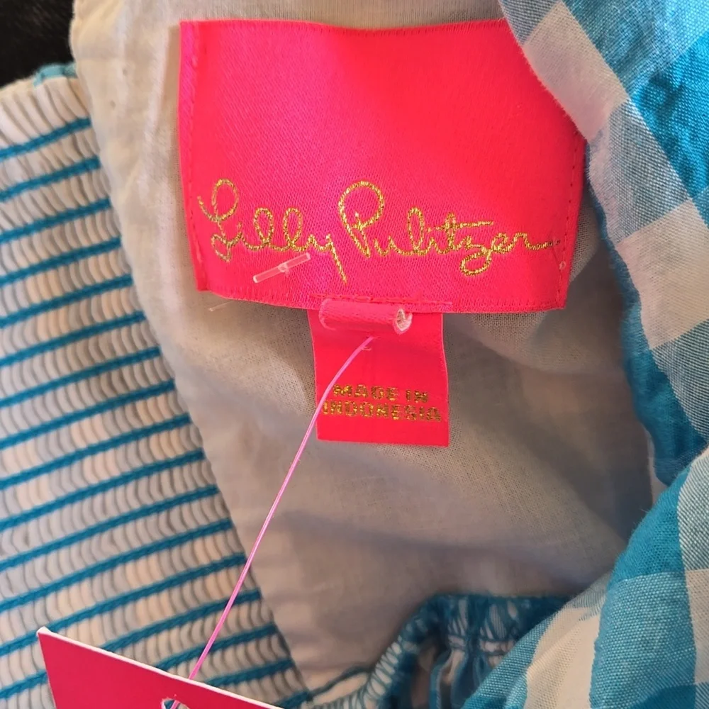 Lilly Pulitzer Blue And White Cottage PREPPY Gingham Peplum Bow Top NWT